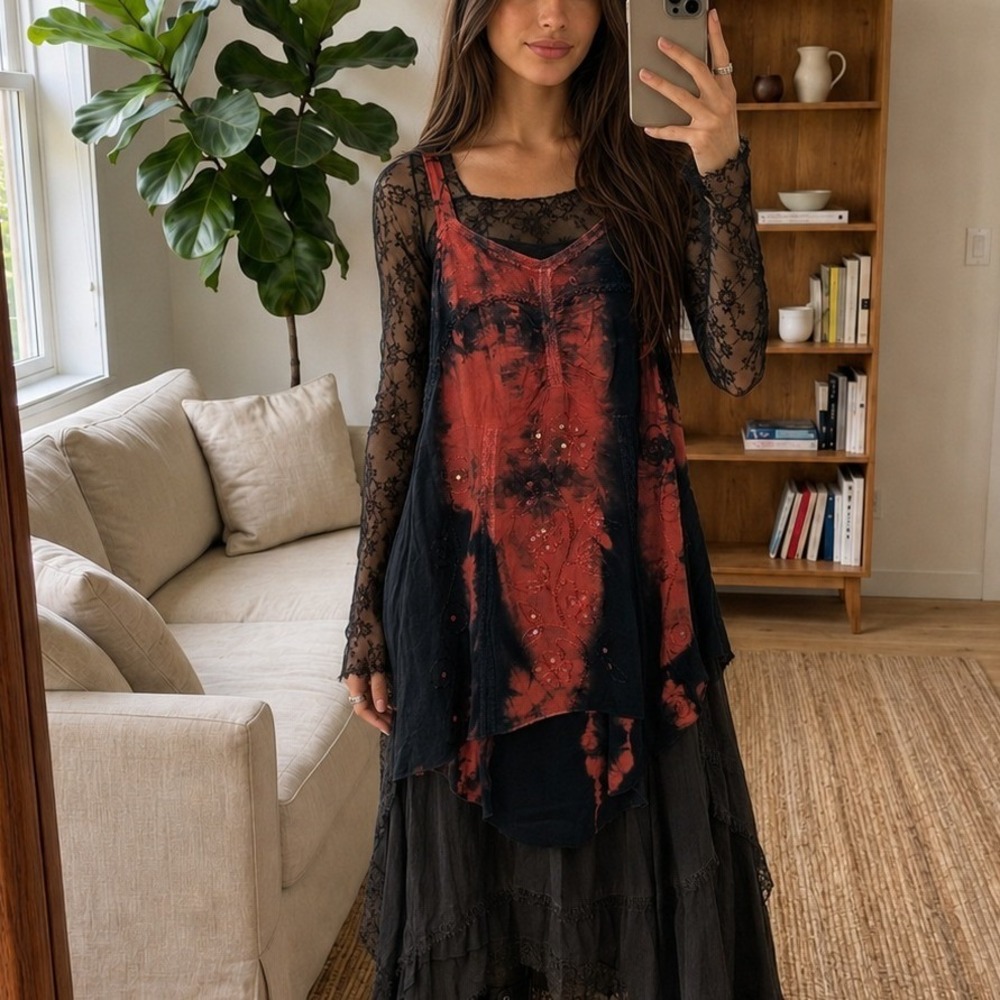 Embroidered Beaded Cami Top Womens S Red‎ Black Tie Dye Fairy Grunge Whimsigoth